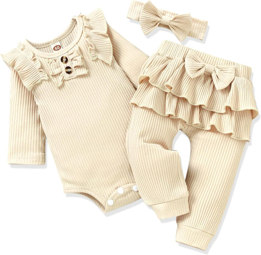 Preemie Newborn Infant Baby Girls Clothes Ribbed Bodysuit Pants Set Fall Winter Outfits