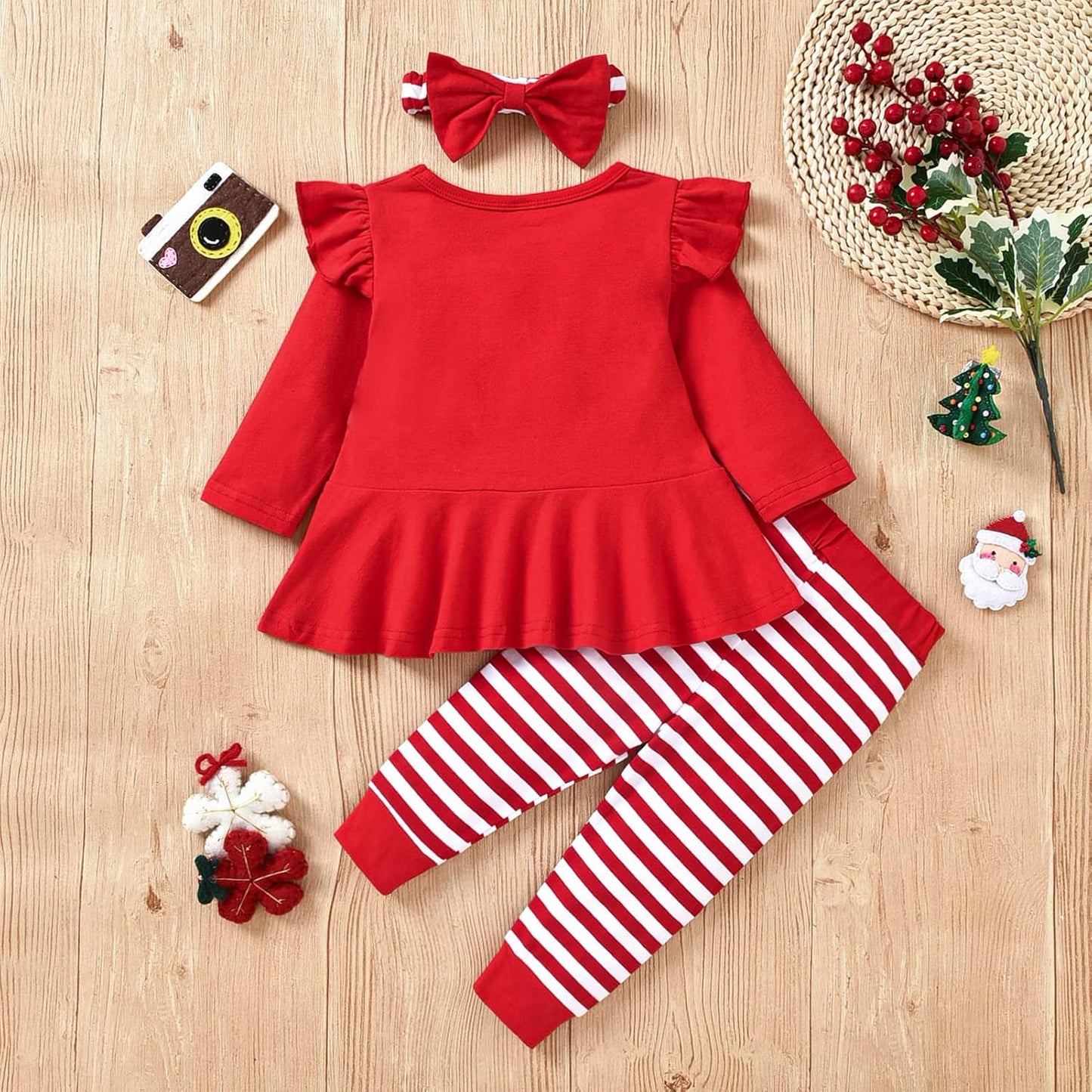 Toddler Baby Girls Christmas Outfit Santa Claus Print Tunic Dress Top Pants Headband 3PC Xmas Clothes Set