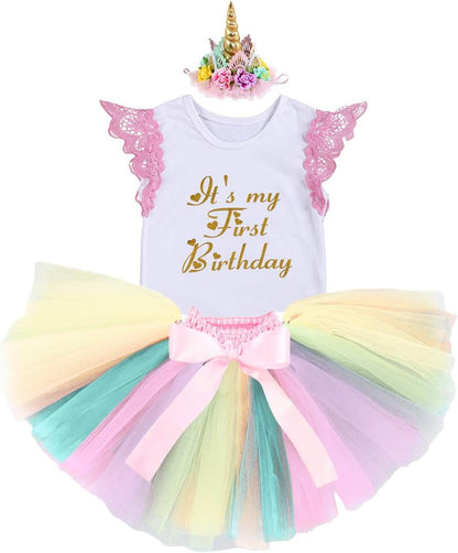 Baby Girls Princess First Birthday Cake Smash Unicorn Outfits Romper Rainbow Tutu Skirt Unicorn Headband (Shoes)