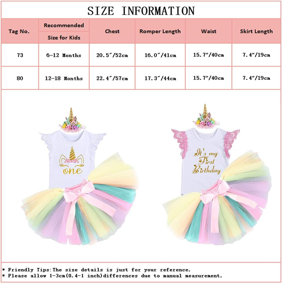 Baby Girls Princess First Birthday Cake Smash Unicorn Outfits Romper Rainbow Tutu Skirt Unicorn Headband (Shoes)