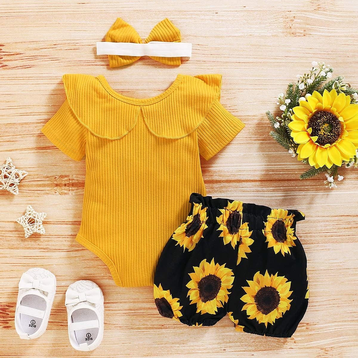 3Pcs Baby Girl Summer Clothes Letter Printed Outfits Shorts Set Short Sleeve Bodysuit Romper Top + Headband