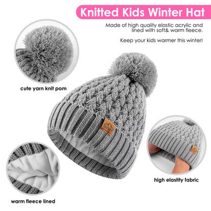 Kids Winter Warm Hats, Child Pom Pom Beanie Knit Cap for Girls Boys 3-9 Years Old-2 Pack