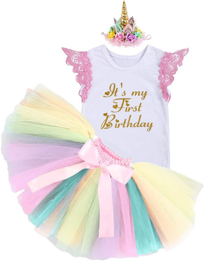 Baby Girls Princess First Birthday Cake Smash Unicorn Outfits Romper Rainbow Tutu Skirt Unicorn Headband (Shoes)