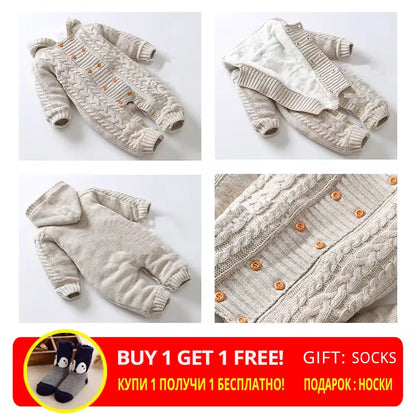 Thick Warm Infant Baby Rompers Winter Clothes Newborn Baby Boy Girl Knitted Sweater Jumpsuit Hooded Kid Toddler Outerwear