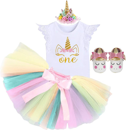 Baby Girls Princess First Birthday Cake Smash Unicorn Outfits Romper Rainbow Tutu Skirt Unicorn Headband (Shoes)